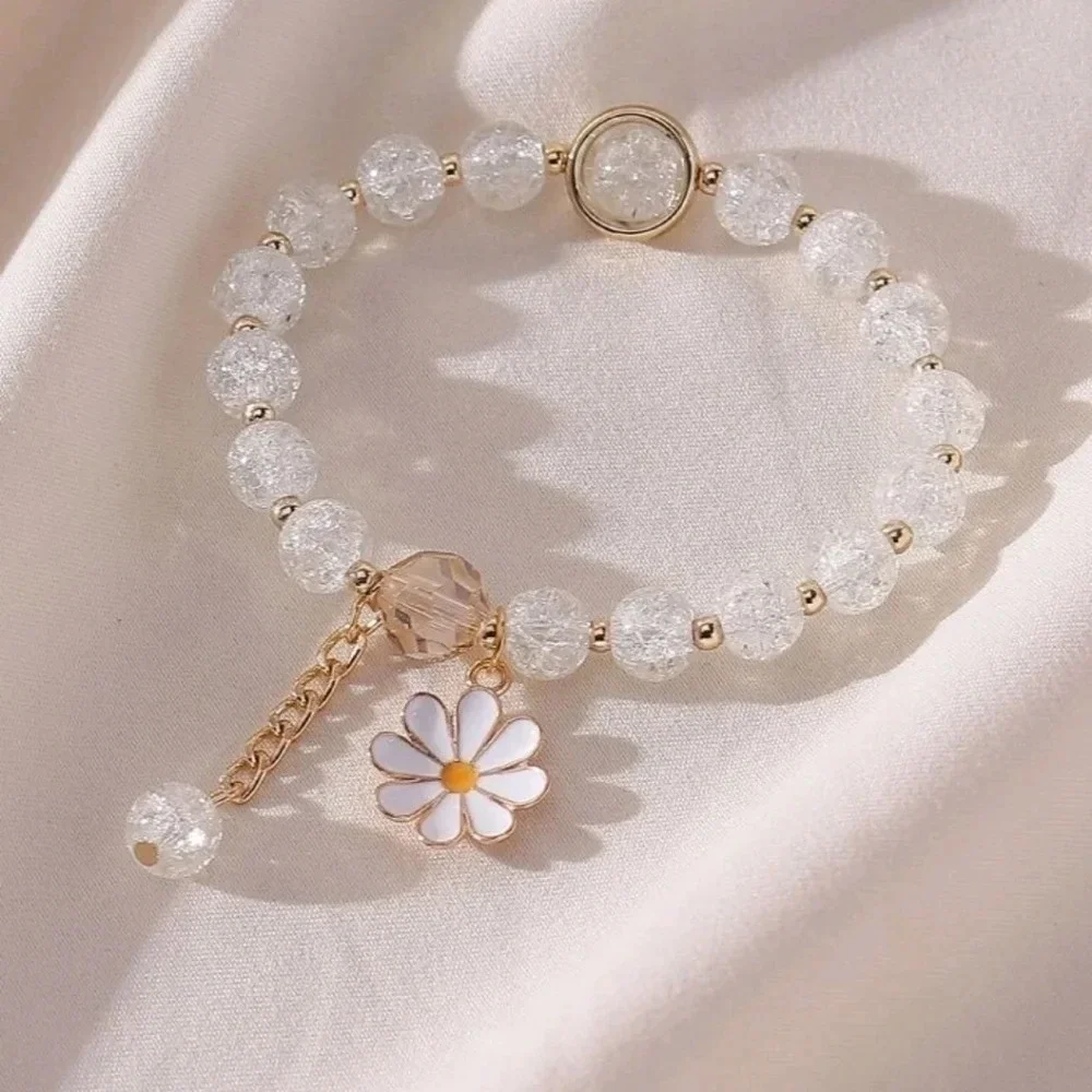 Daisy charm bracelet white gold chain women's dress jewelry cute girls flower